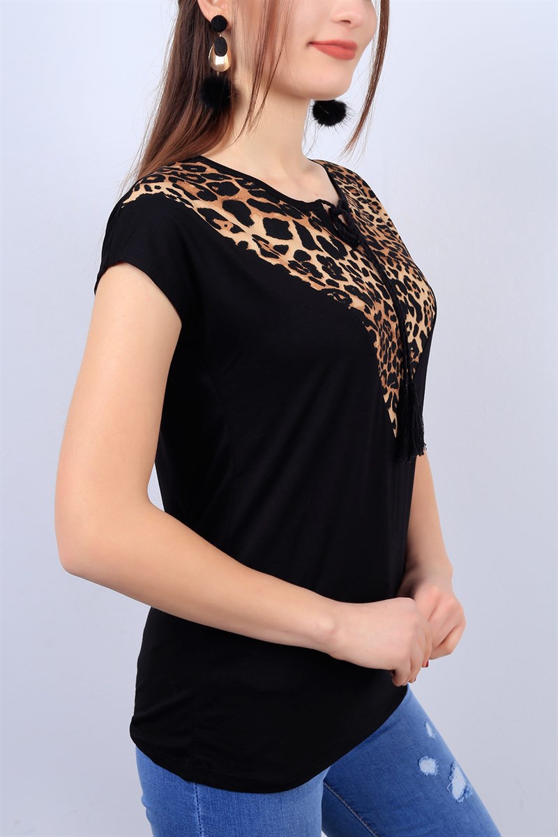 Leopar Desen Siyah Bayan Tişört 12039B