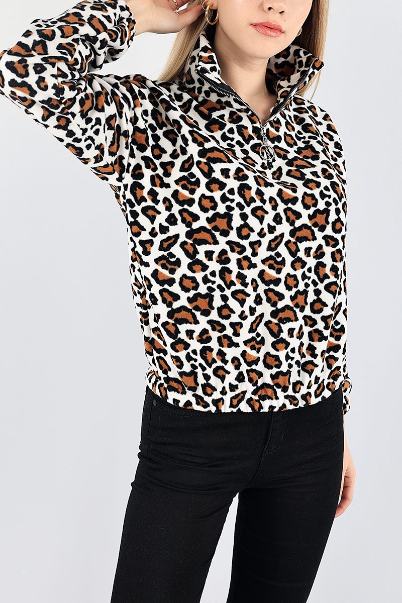 Leopar Desenli Bayan Polar Sweat 87689