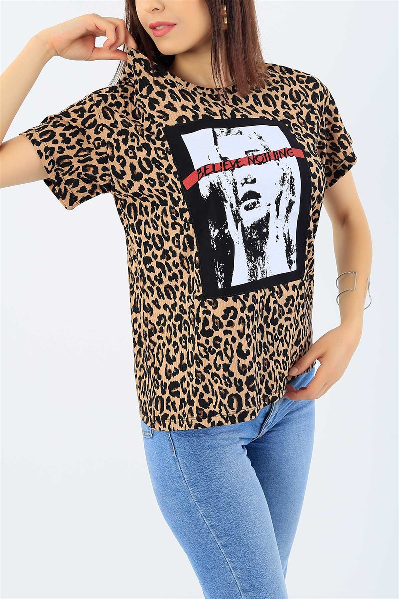 Leopar Desenli Bayan Tişört 36630