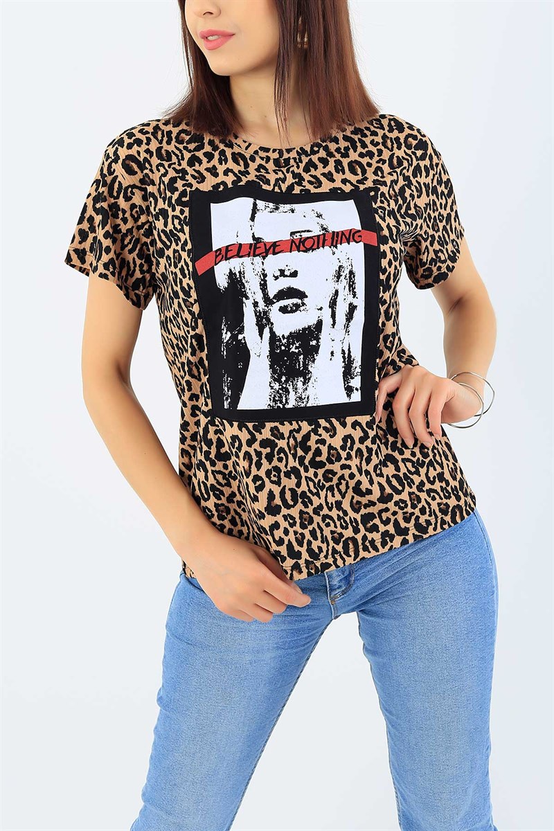 Leopar Desenli Bayan Tişört 36630