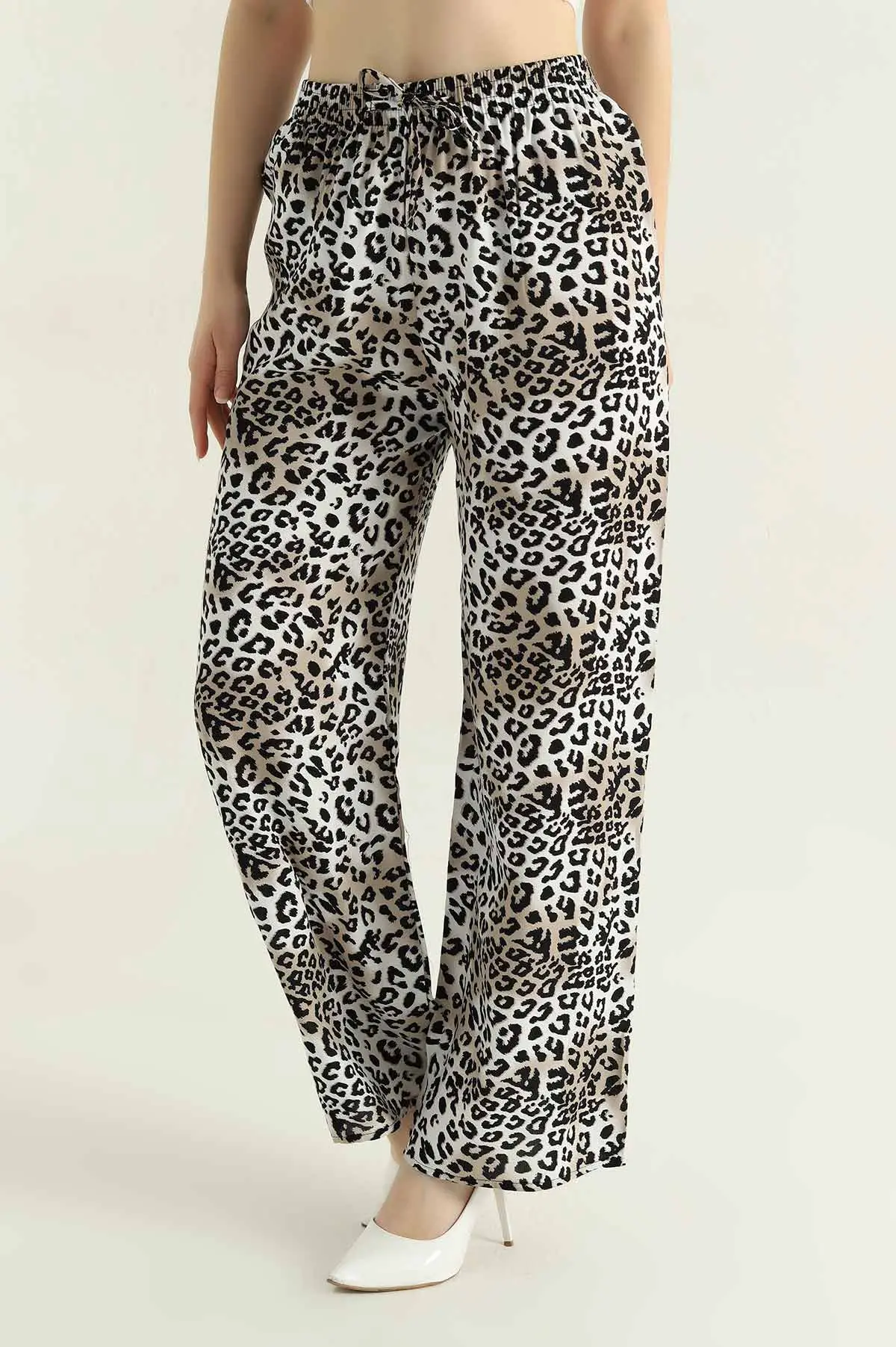 Leopar Desenli Bel Lastikli Dokuma Kadın Pantolon 357147
