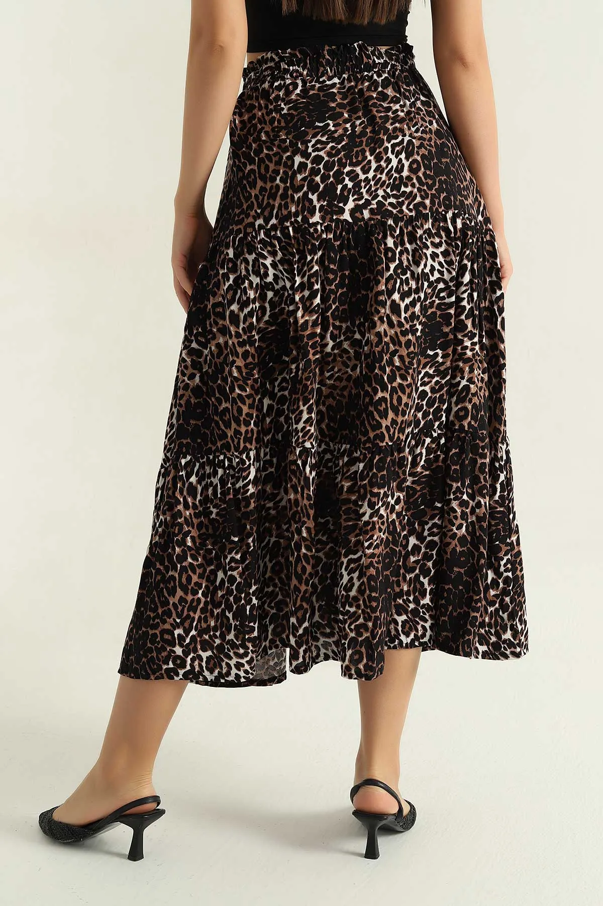 Leopar Desenli Beli Lastikli Dokuma Kadın Etek 371712