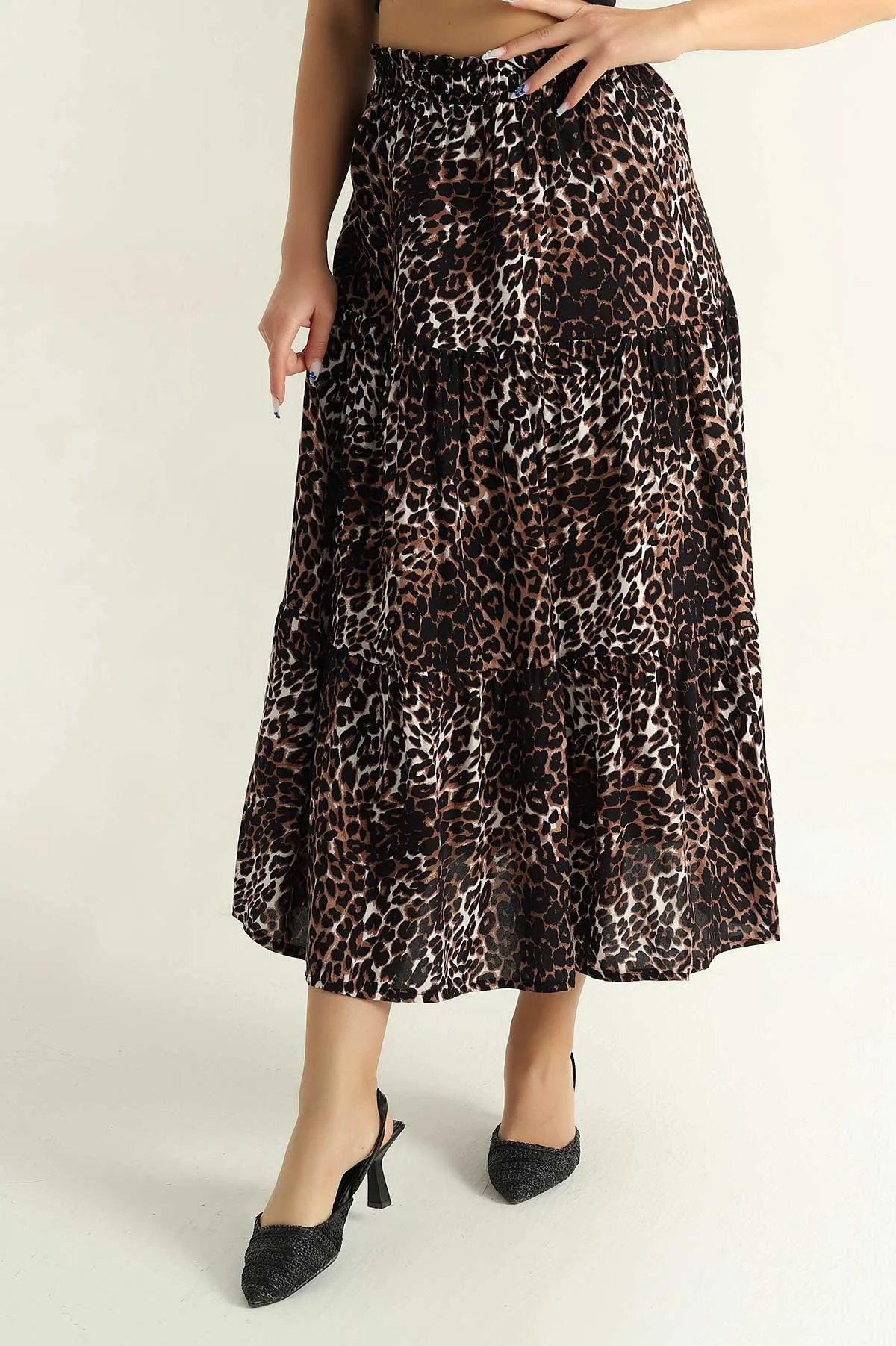 Leopar Desenli Beli Lastikli Dokuma Kadın Etek 371712