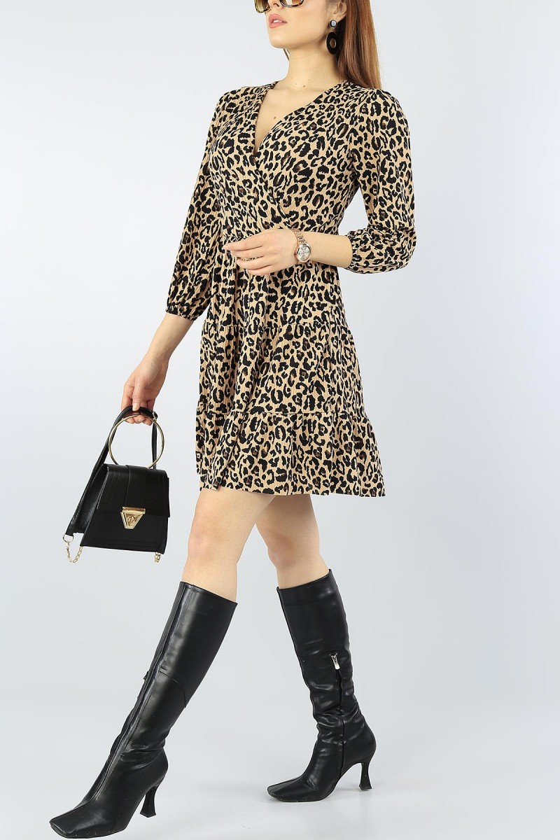 Leopar Desenli Beli Lastikli Elbise 53457