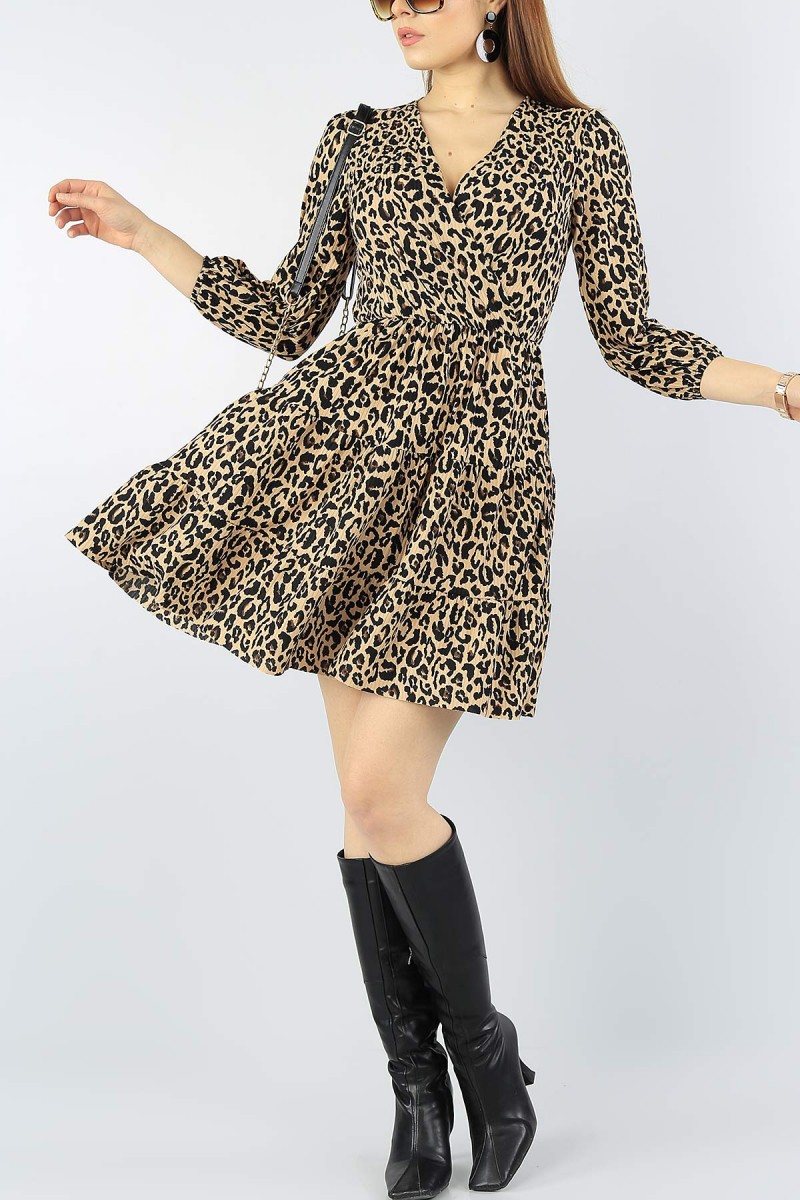 Leopar Desenli Beli Lastikli Elbise 53457