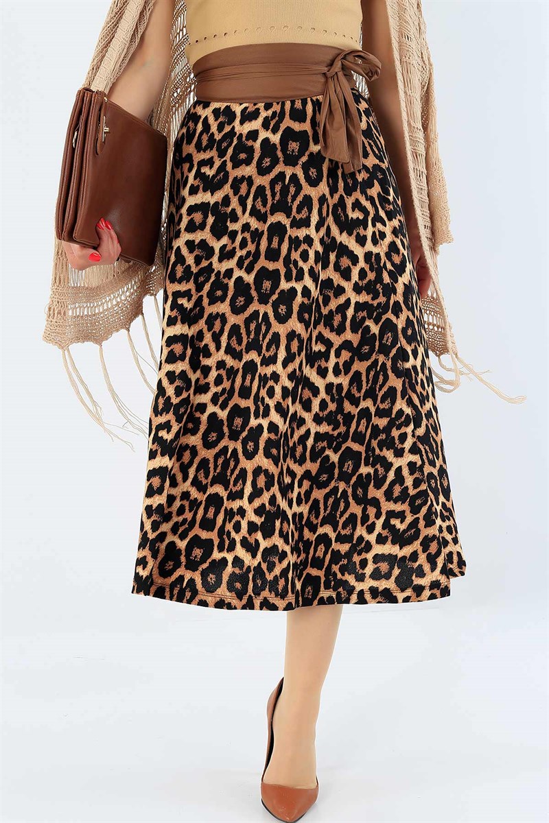 Leopar Desenli Beli Lastikli Etek 32024