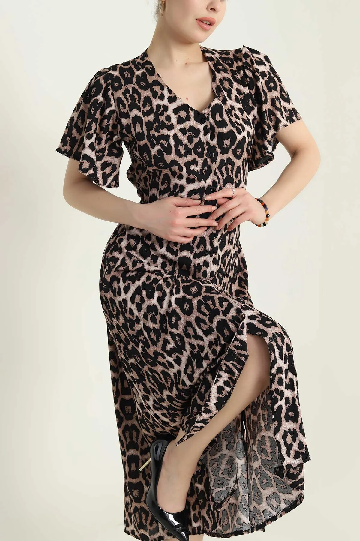 Leopar Desenli Dokuma Boydan Düğmeli Kadın Elbise 435629