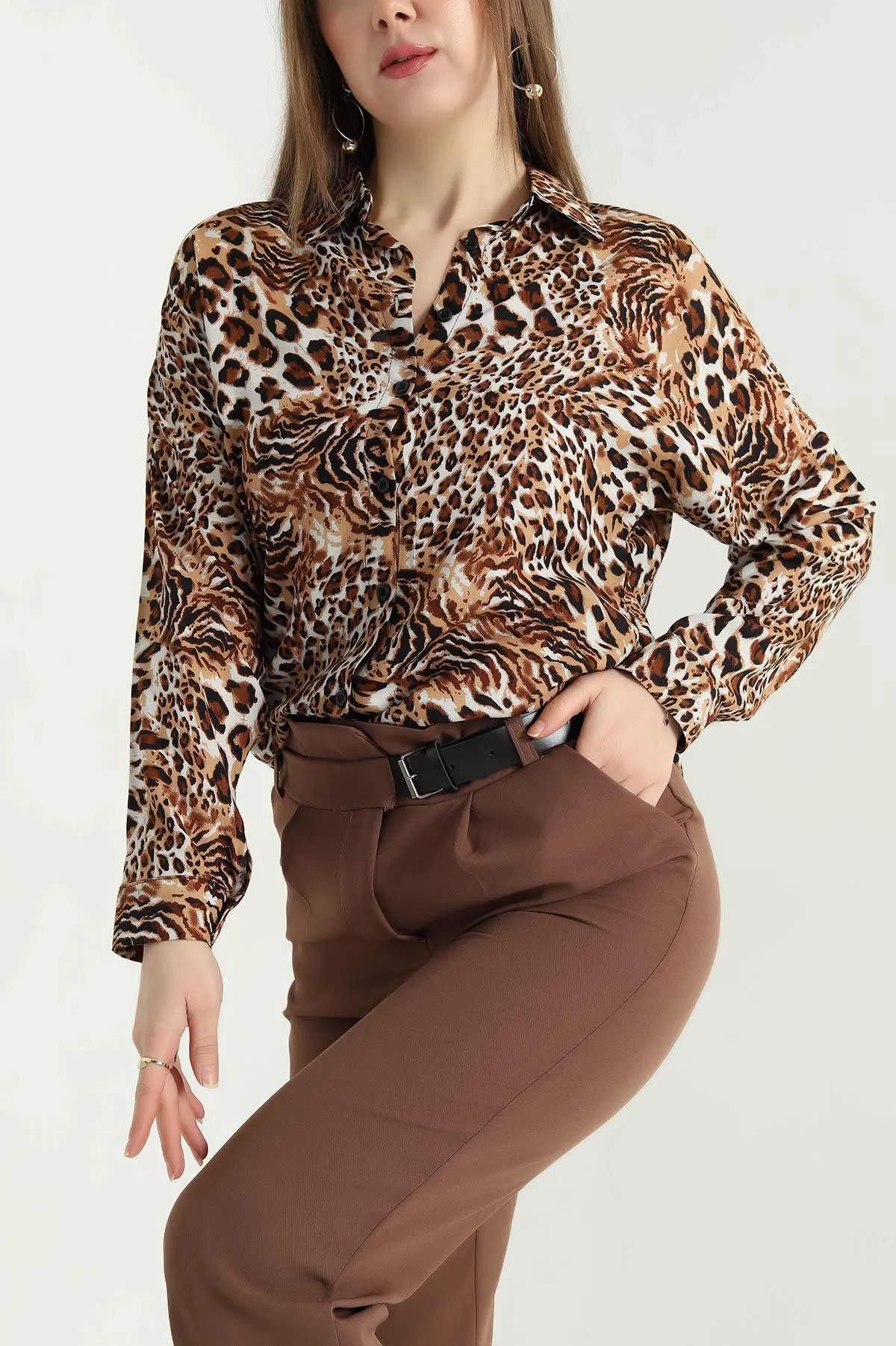 Leopar Desenli Dokuma Viskon Gömlek 337829