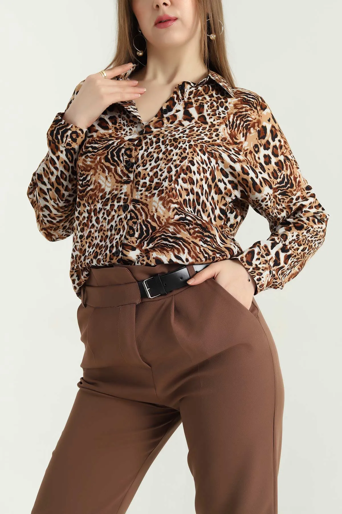 Leopar Desenli Dokuma Viskon Gömlek 337829