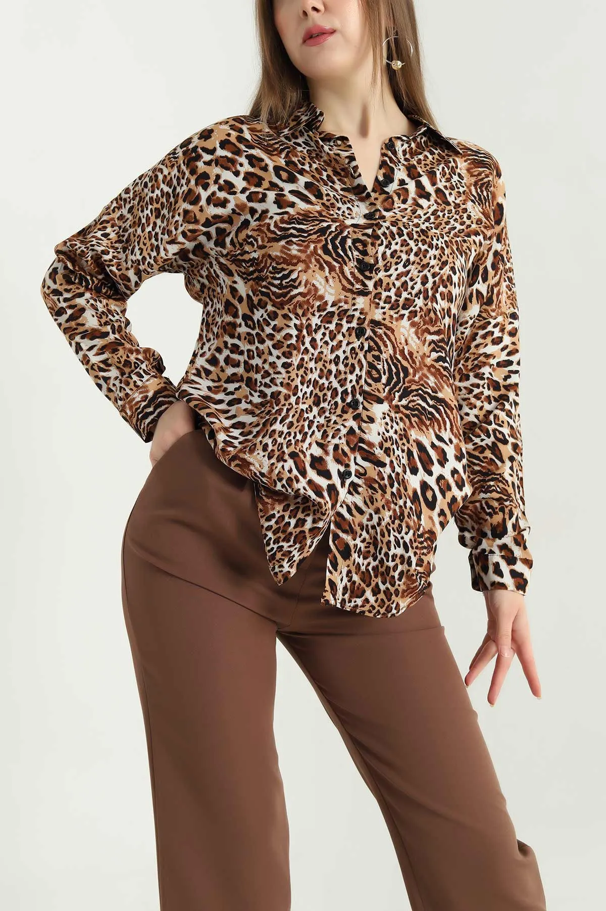 Leopar Desenli Dokuma Viskon Gömlek 337829