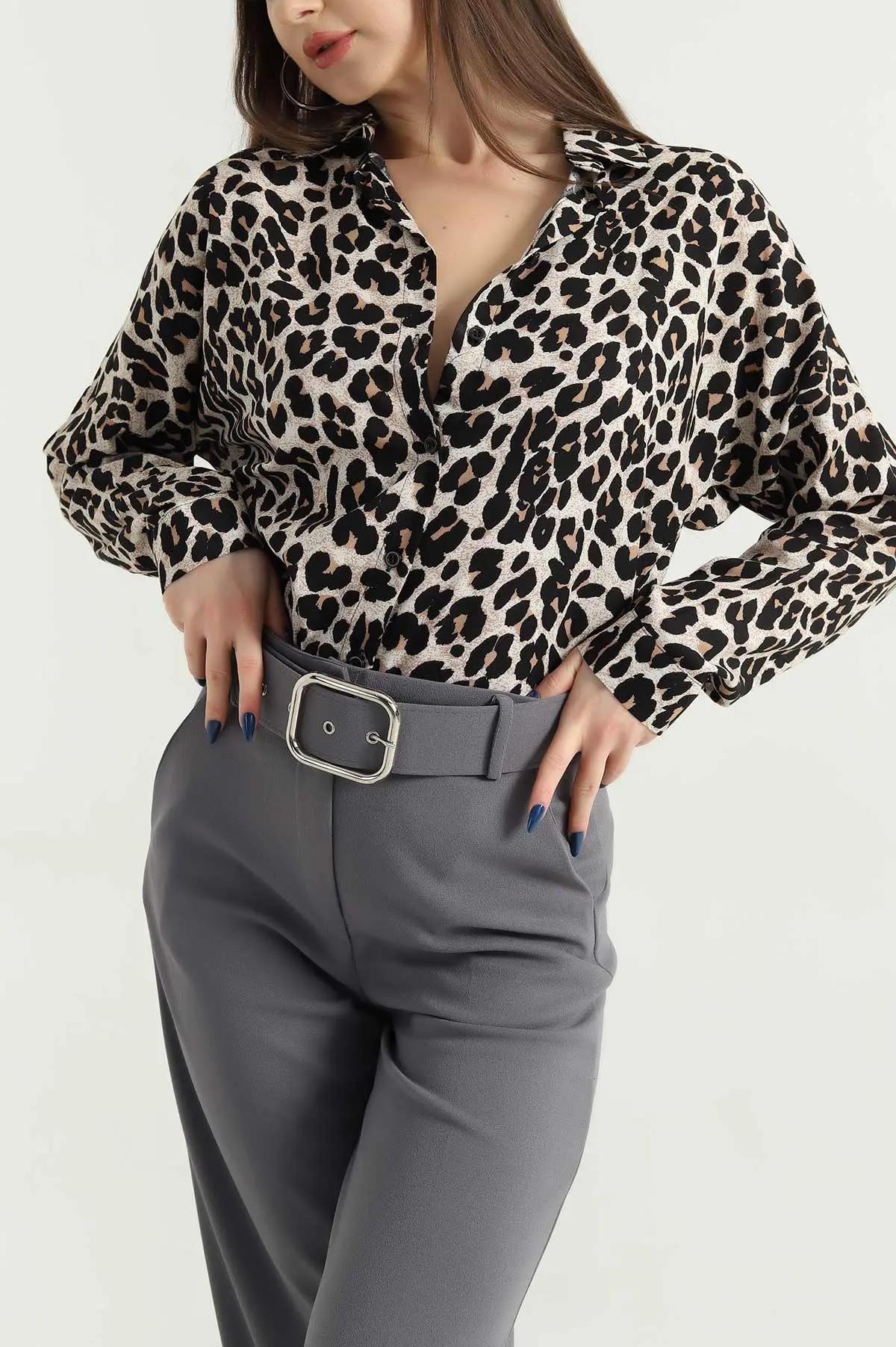 Leopar Desenli Dokuma Viskon Gömlek 337832