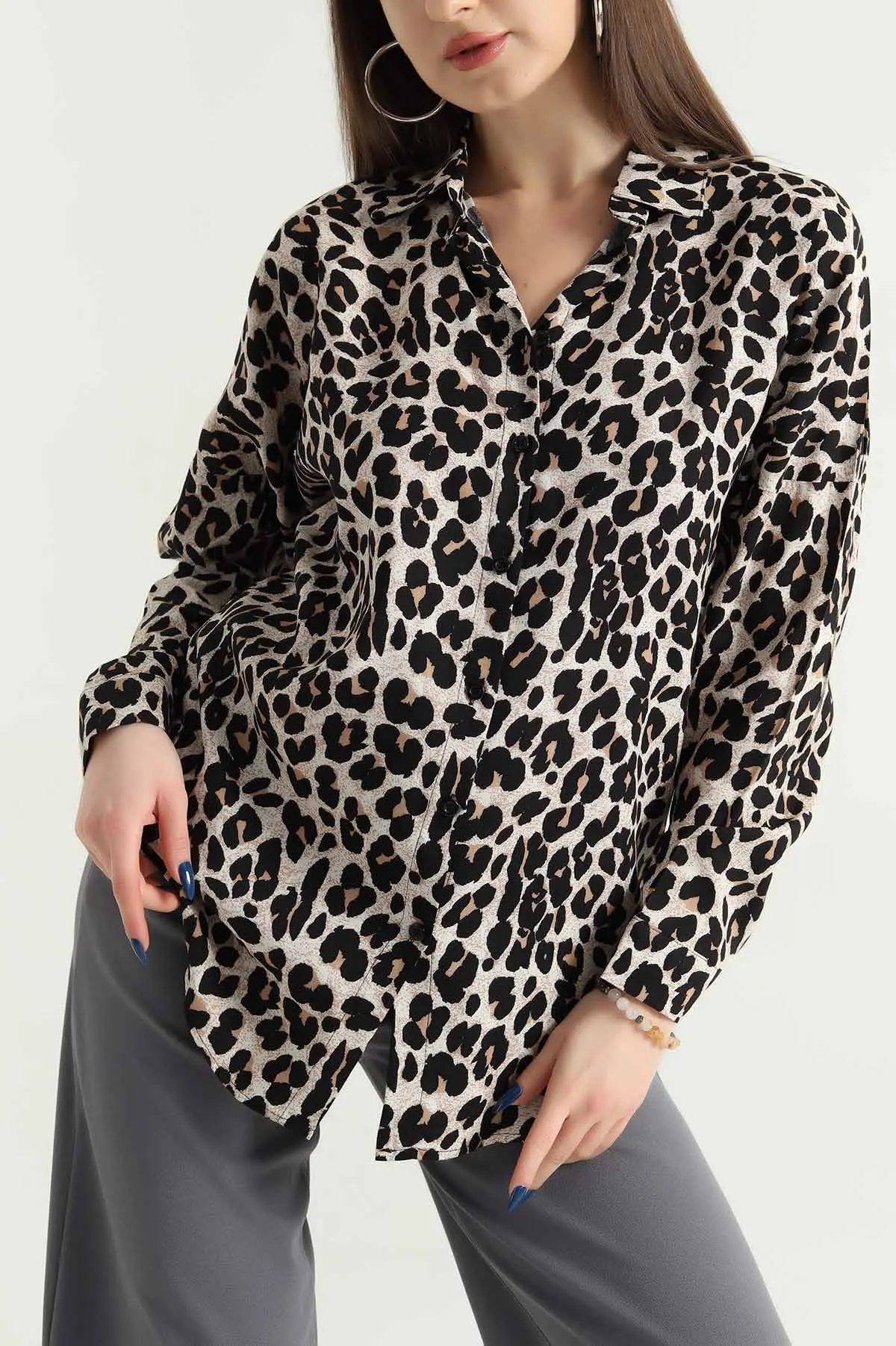 Leopar Desenli Dokuma Viskon Gömlek 337832