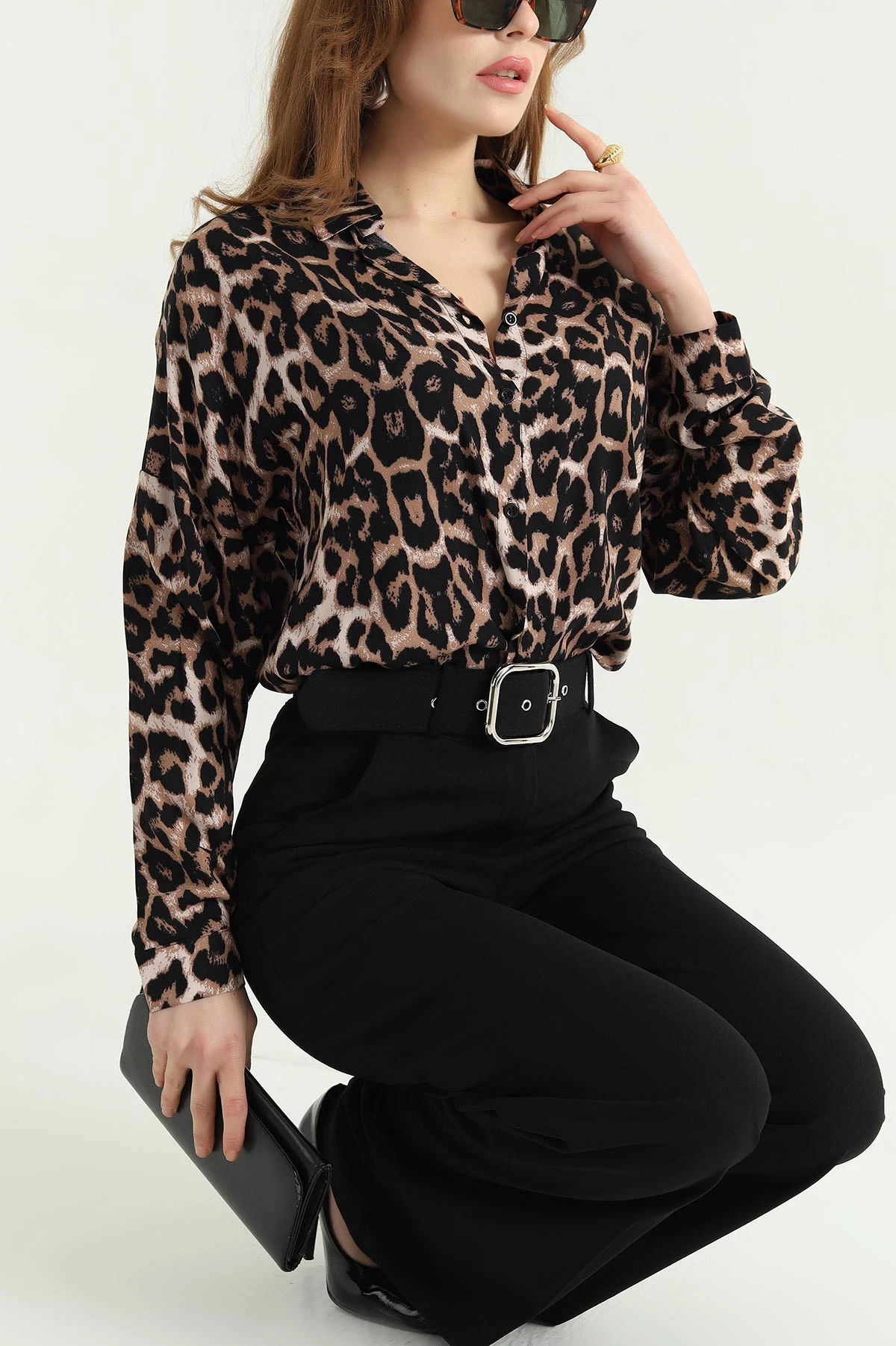 Leopar Desenli Dokuma Viskon Gömlek 337833