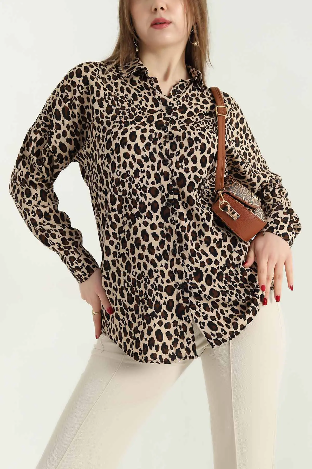 Leopar Desenli Dokuma Viskon Gömlek 337835