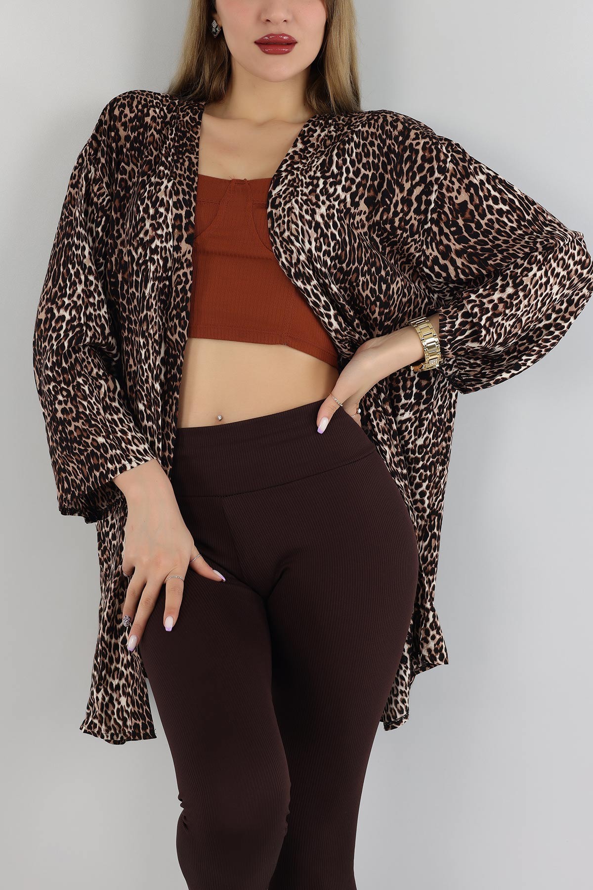 Leopar Desenli Dokuma Viskon Kimono 162930