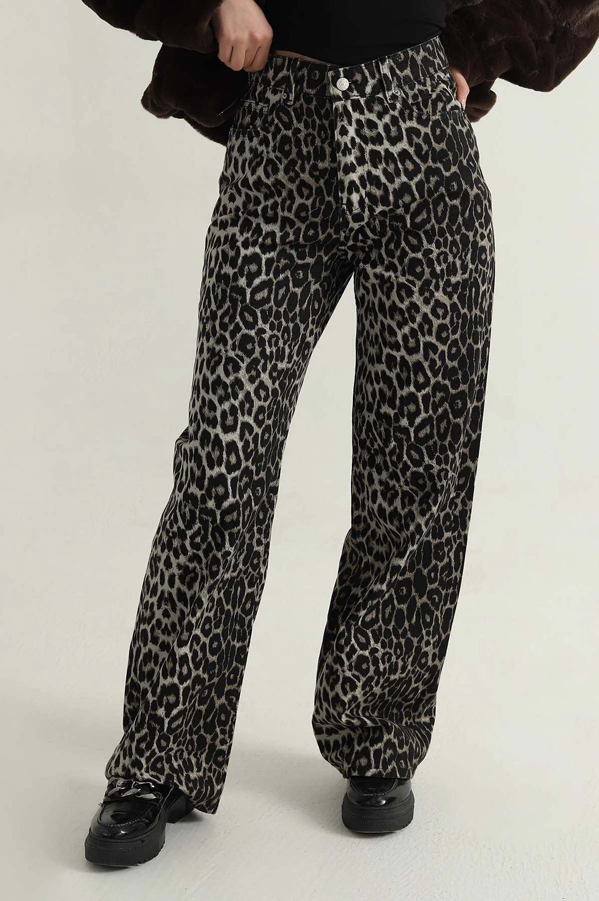 Leopar Desenli Dökümlü Palazzo Kadın Kot Pantolon 412852