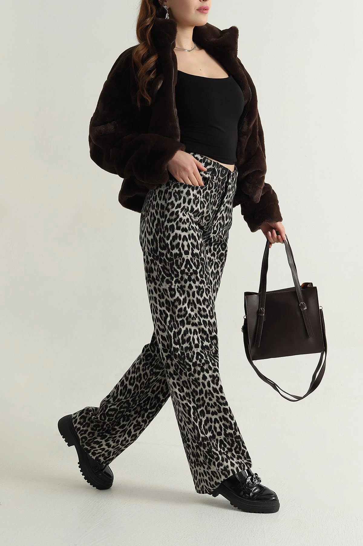 Leopar Desenli Dökümlü Palazzo Kadın Kot Pantolon 412852