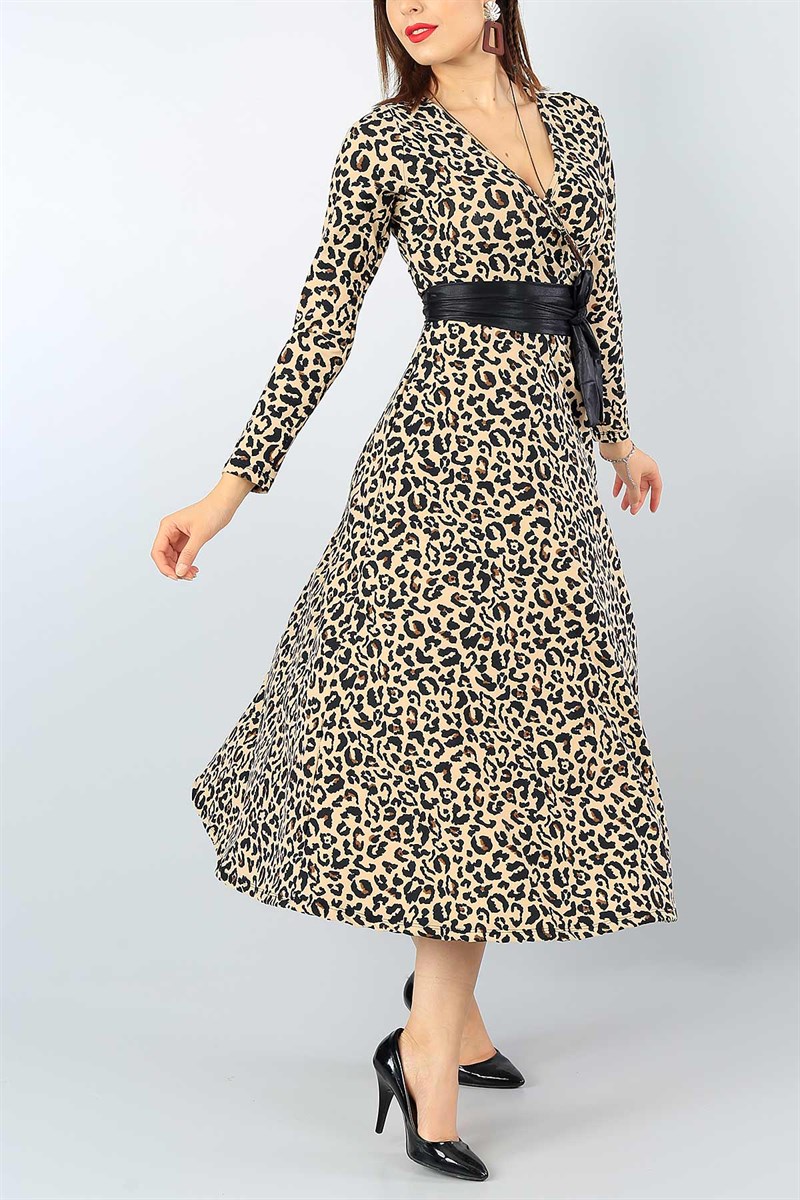 Leopar Desenli Eteği Volanlı Elbise 40082