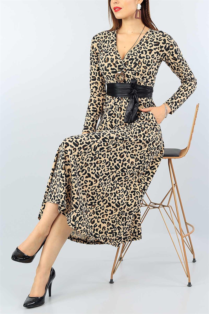 Leopar Desenli Eteği Volanlı Elbise 40082