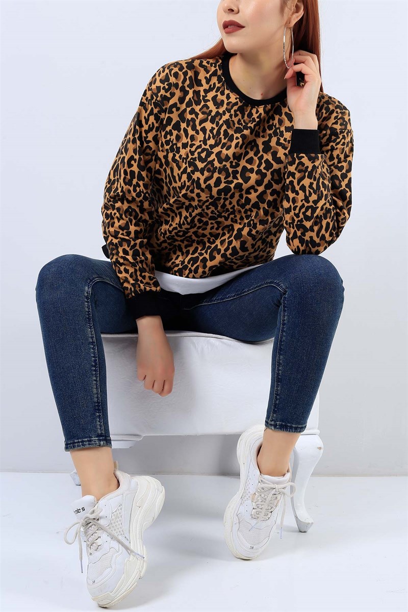 Leopar Desenli Garnili Bayan Sweat 21879B