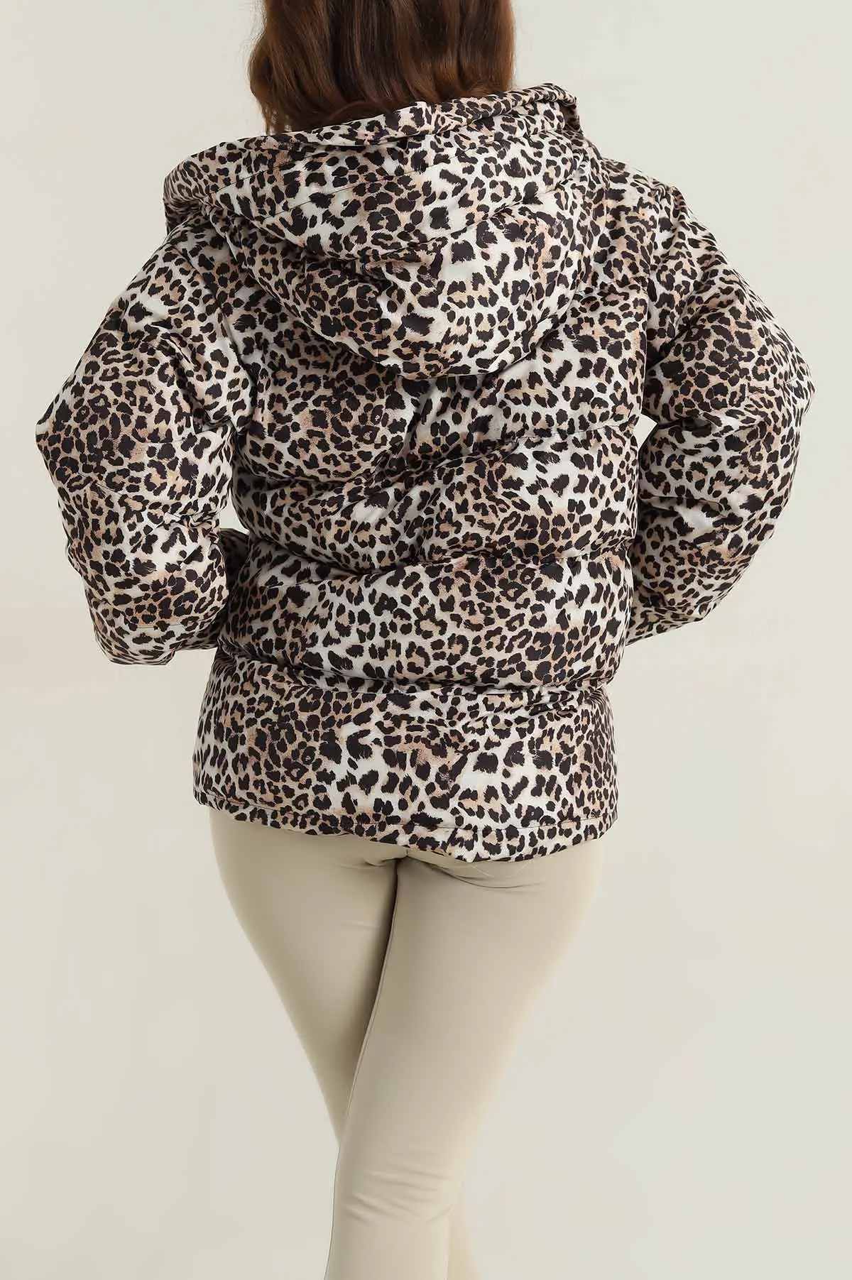 Leopar Desenli Kapüşonlu Şişme Kadın Mont 416951
