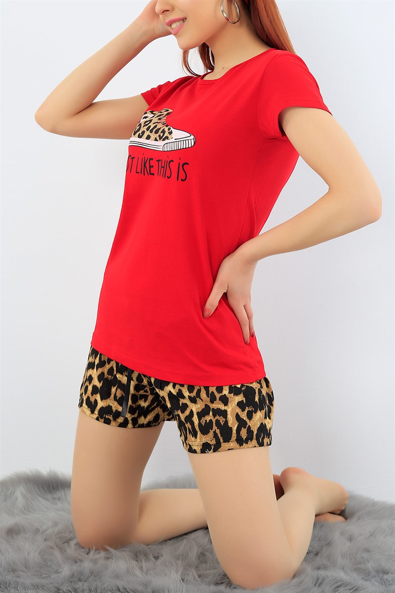 Leopar Desenli Kırmızı Bayan Pijama Takımı 31301