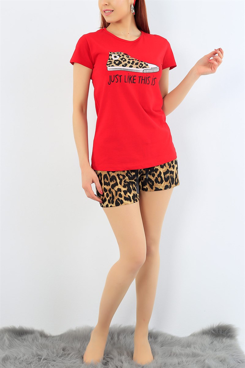 Leopar Desenli Kırmızı Bayan Pijama Takımı 31301