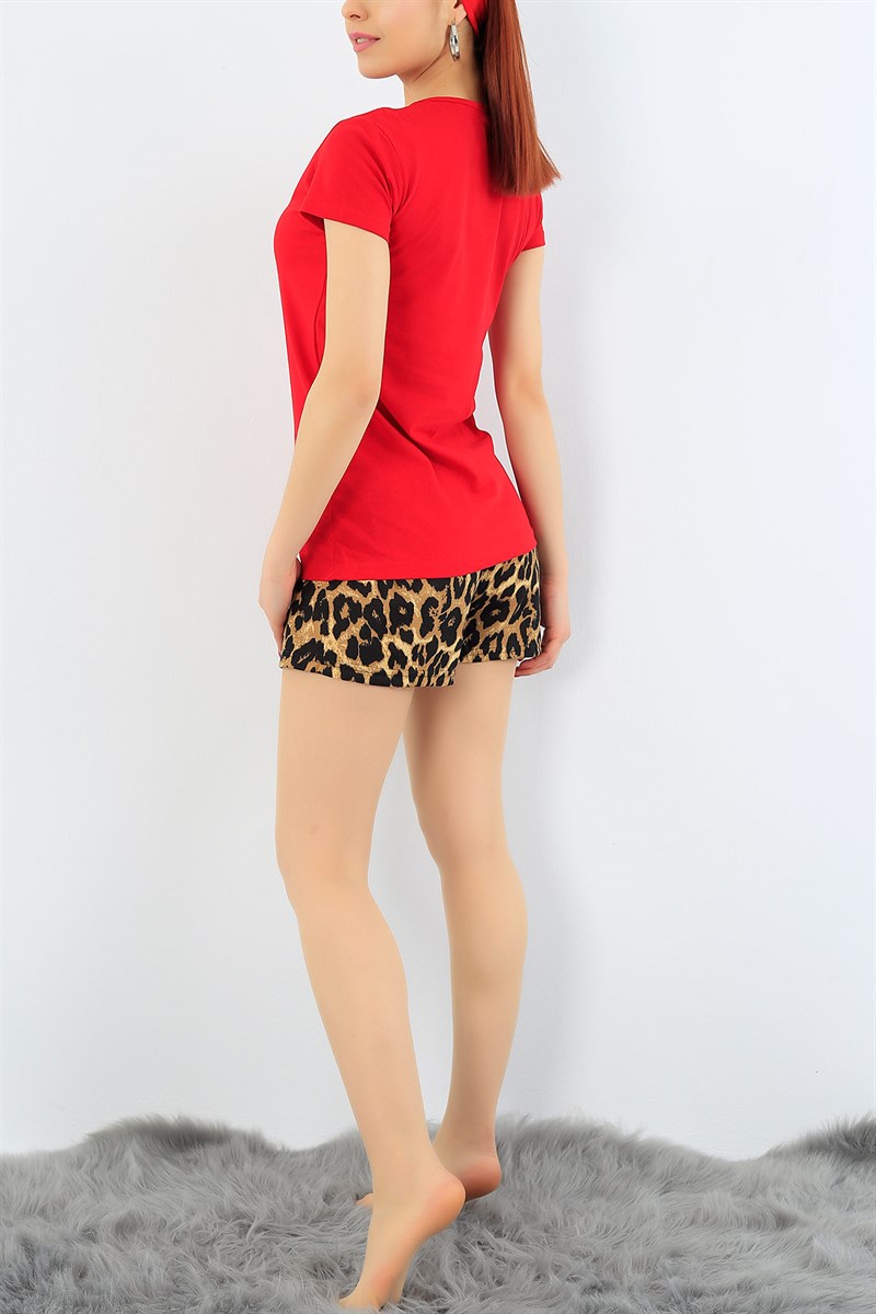Leopar Desenli Kırmızı Bayan Pijama Takımı 31301