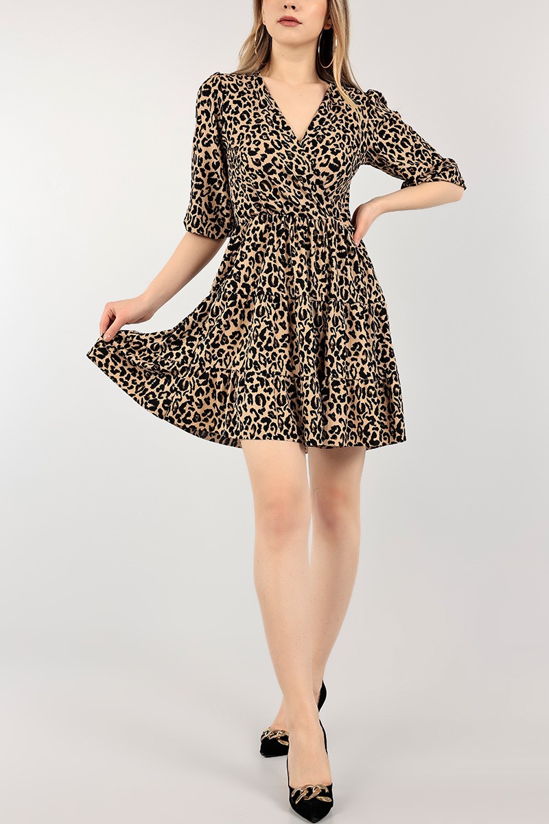 Leopar Desenli Kruvaze Yaka Elbise 108502