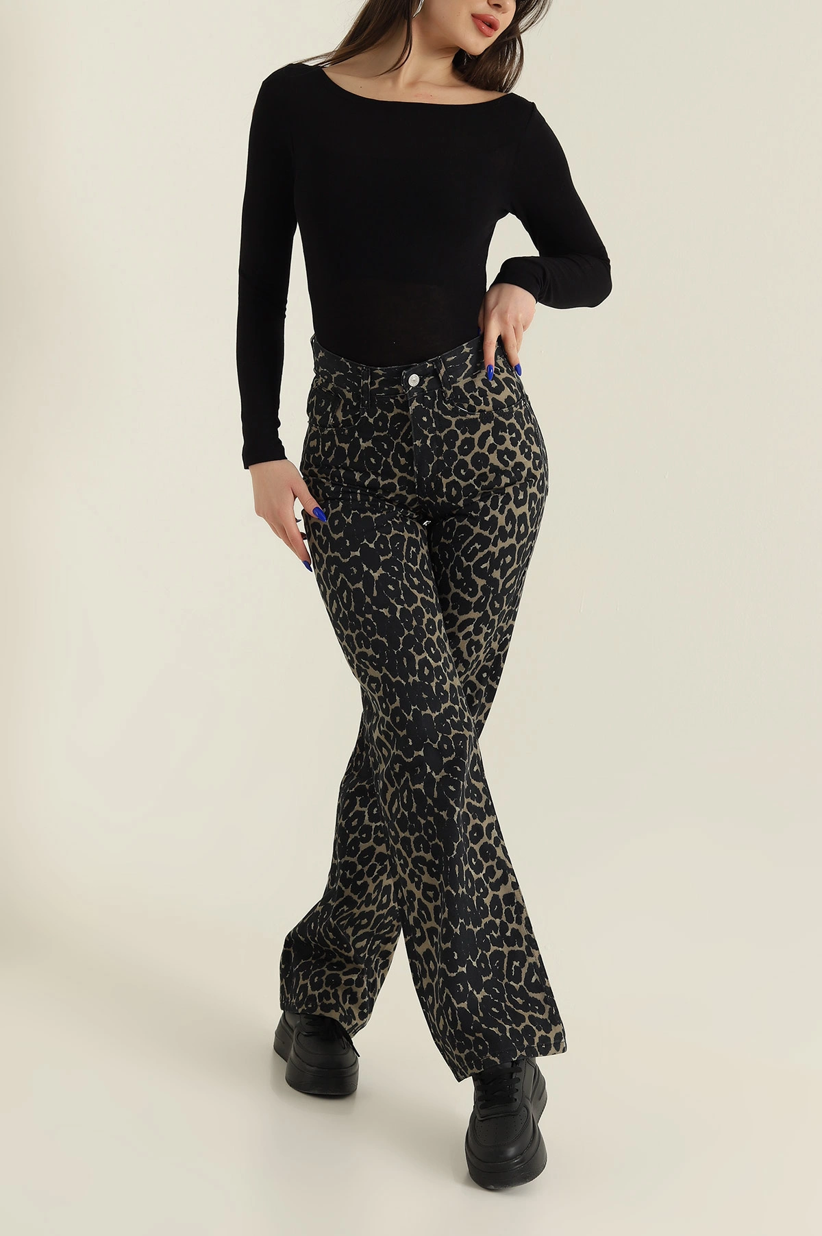 Leopar Desenli Palazzo Kadın Kot Pantolon 423739