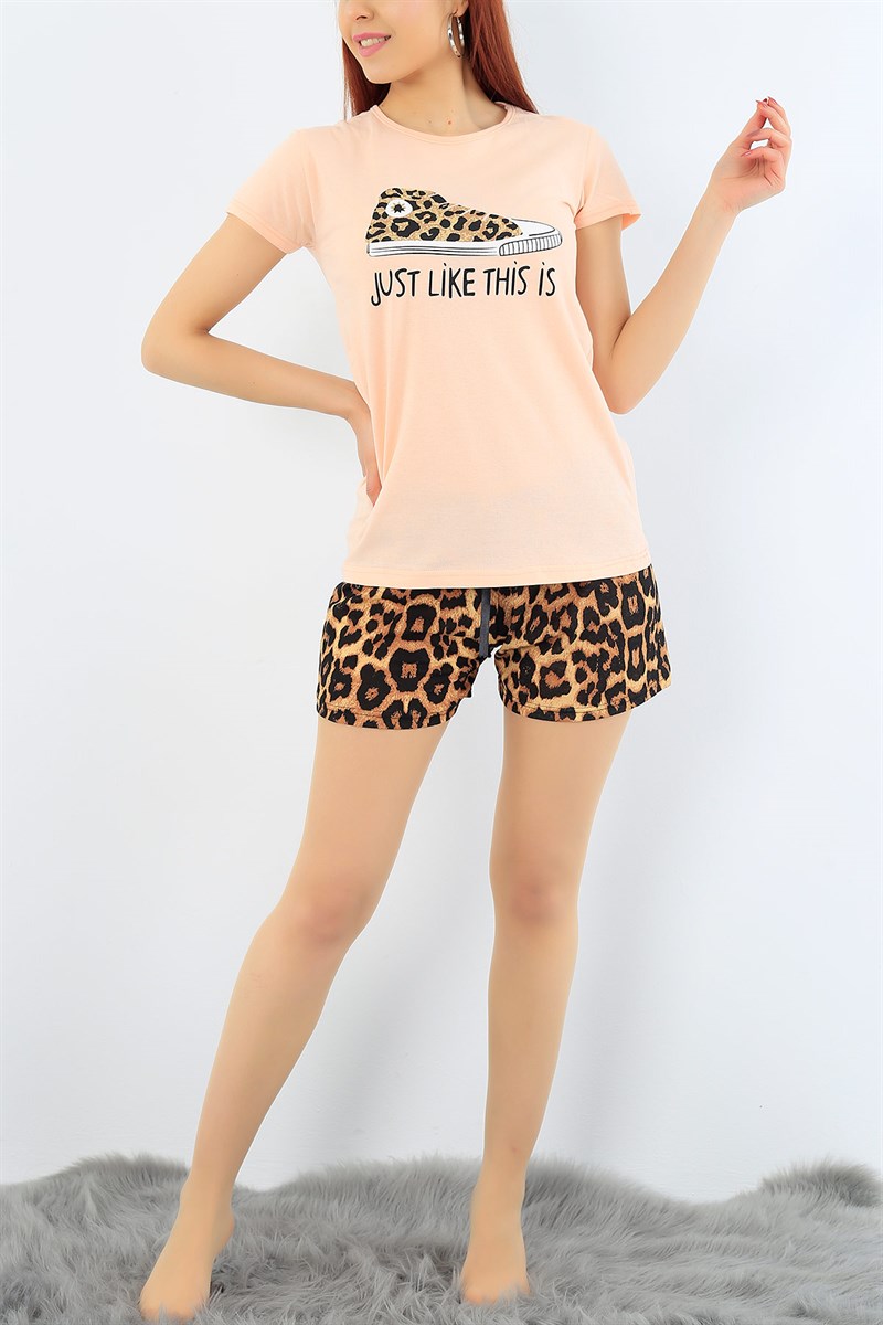 Leopar Desenli Pudra Bayan Pijama Takımı 31300