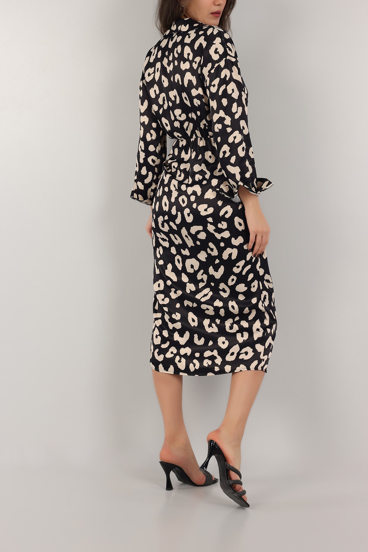 Leopar Desenli Saten Bağlamalı Elbise 155758
