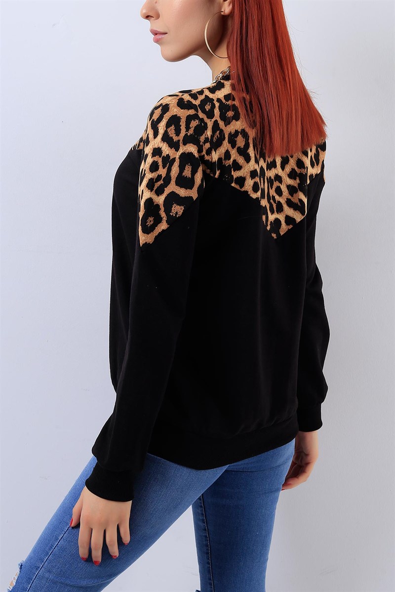 Leopar Desenli Siyah Bayan Sweat 18686B
