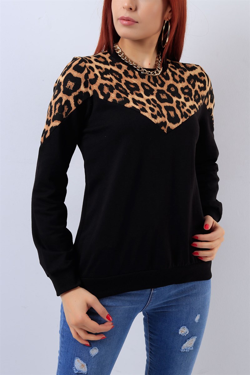 Leopar Desenli Siyah Bayan Sweat 18686B