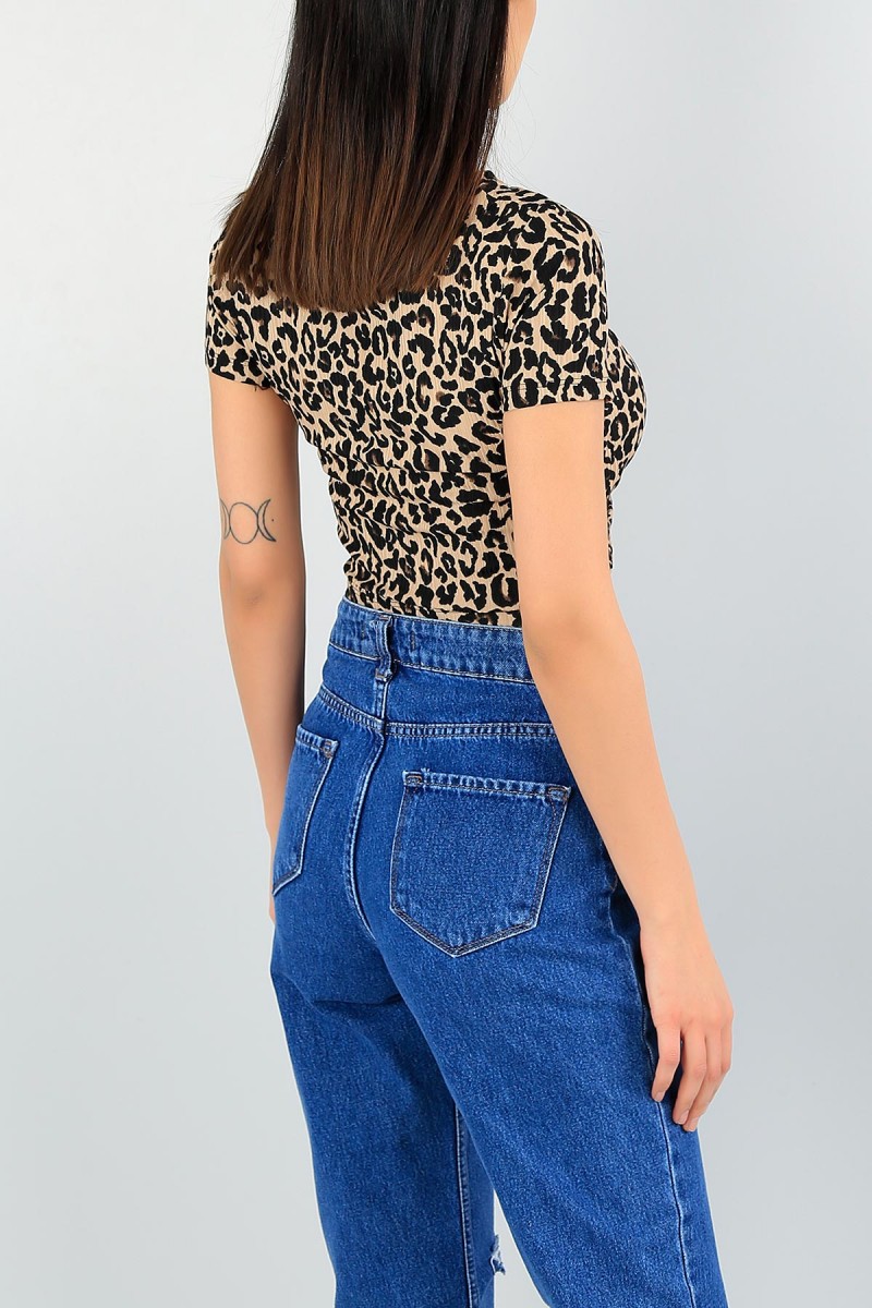 Leopar Desenli Tasarım Crop Bluz 59212