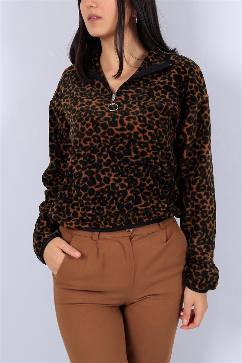Leopar Desenli Yarım Fermuar Siyah Sweat 20873B