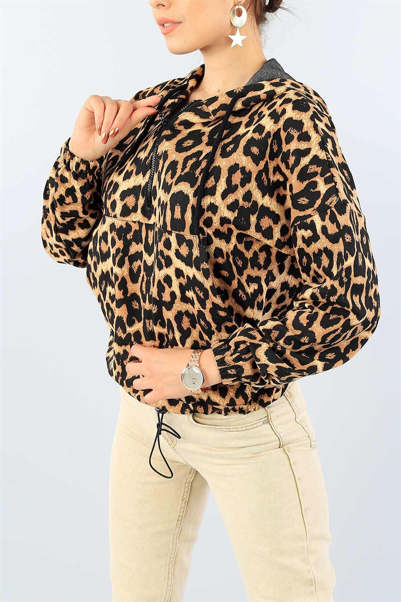 Leopar Desenli Yarım Fermuarlı Sweat 39155