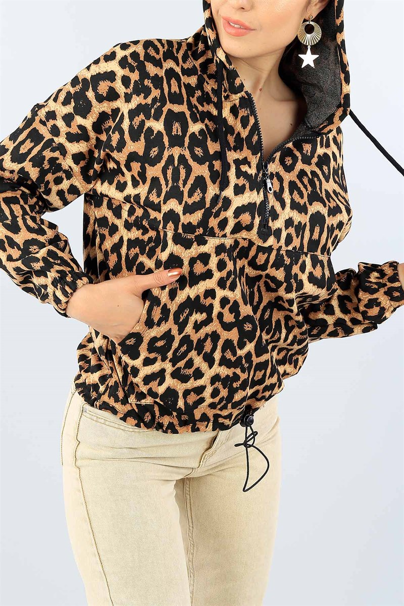 Leopar Desenli Yarım Fermuarlı Sweat 39155