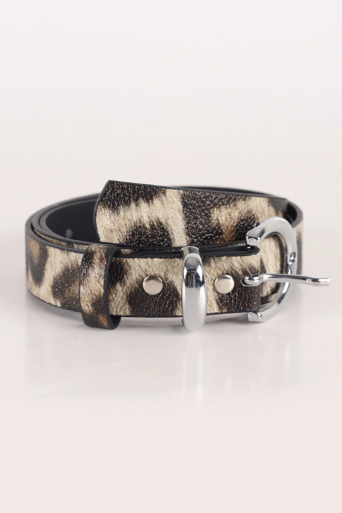 Leopar Gümüş Oval Toka Detaylı Kadın İnce Kemer 335465