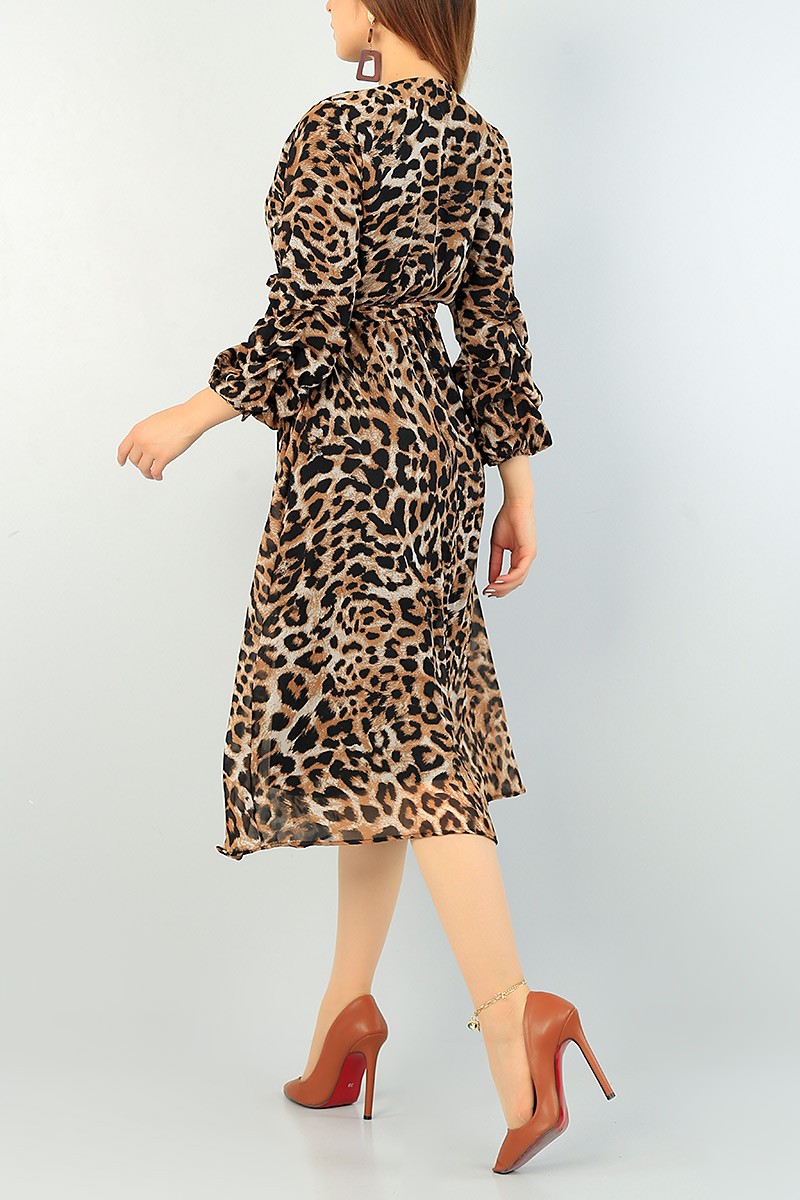 Leopar Kolu Büzgülü Şifon Elbise 69079