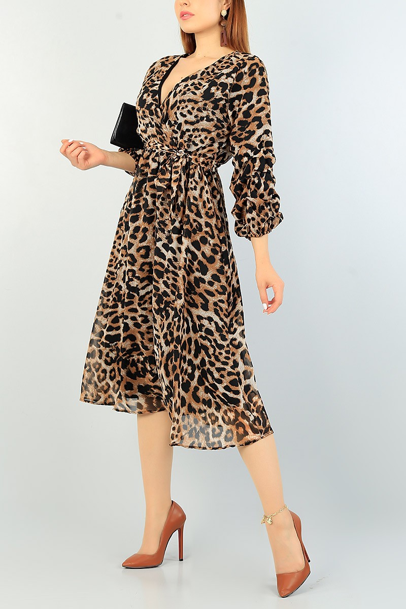 Leopar Kolu Büzgülü Şifon Elbise 69079