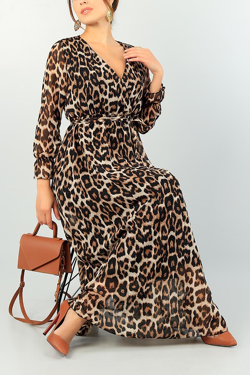 Leopar Kruvaze Yaka Şifon Elbise 72844