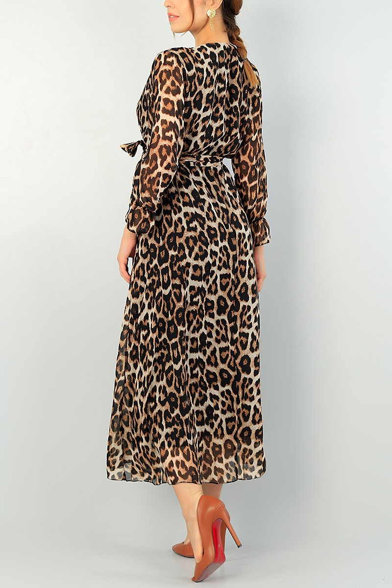 Leopar Kruvaze Yaka Şifon Elbise 72844