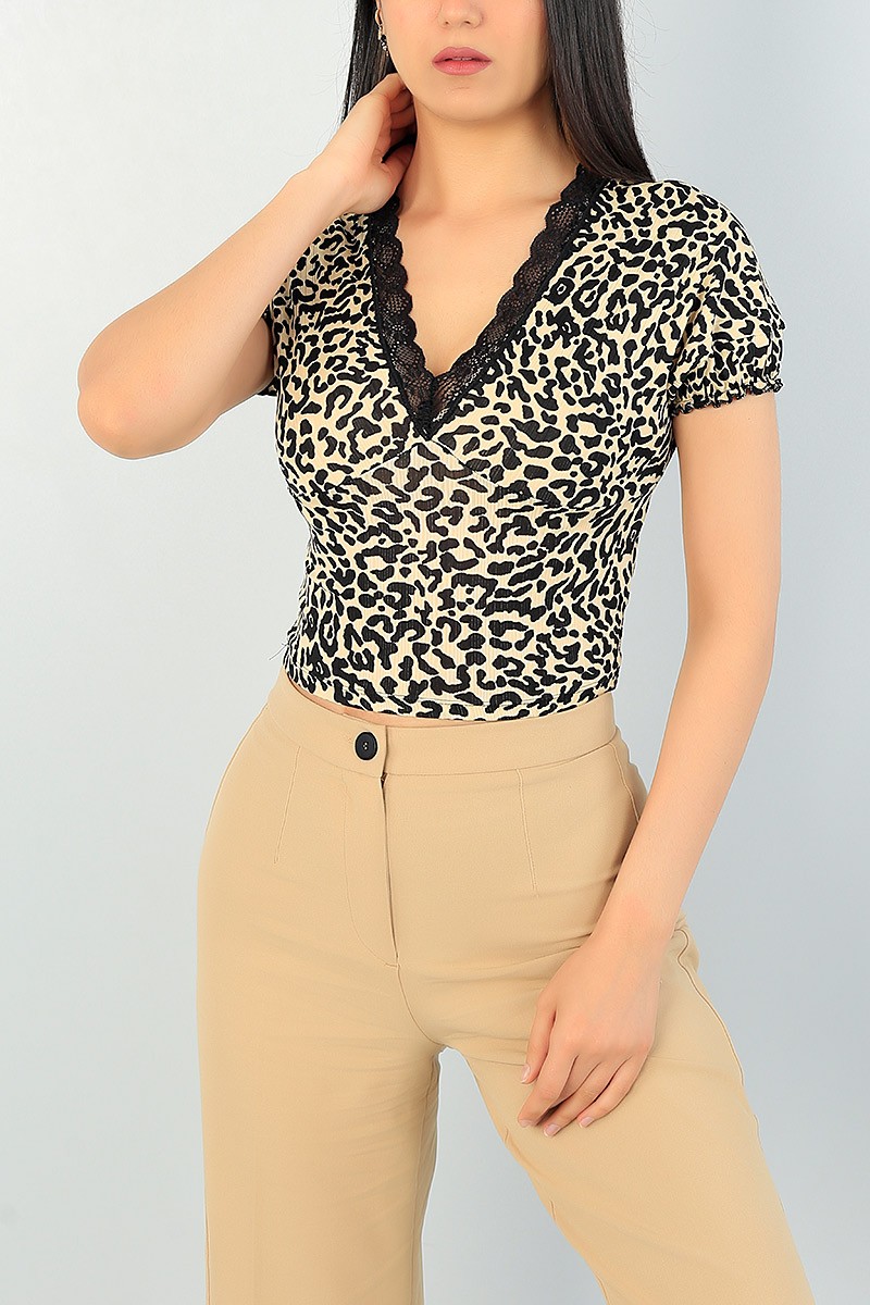 Leopar Ön Arka Dantelli Yaka Bluz 68055