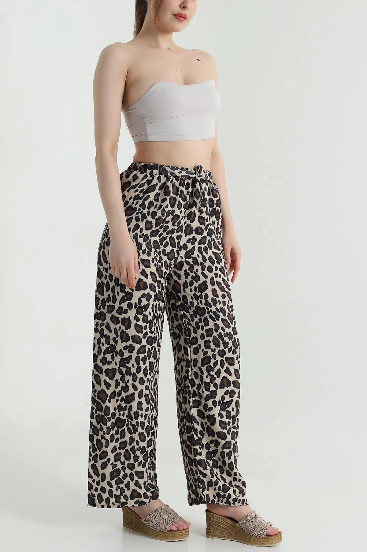 Leopar Palazzo Dokuma Viskon Kadın Pantolon 465976