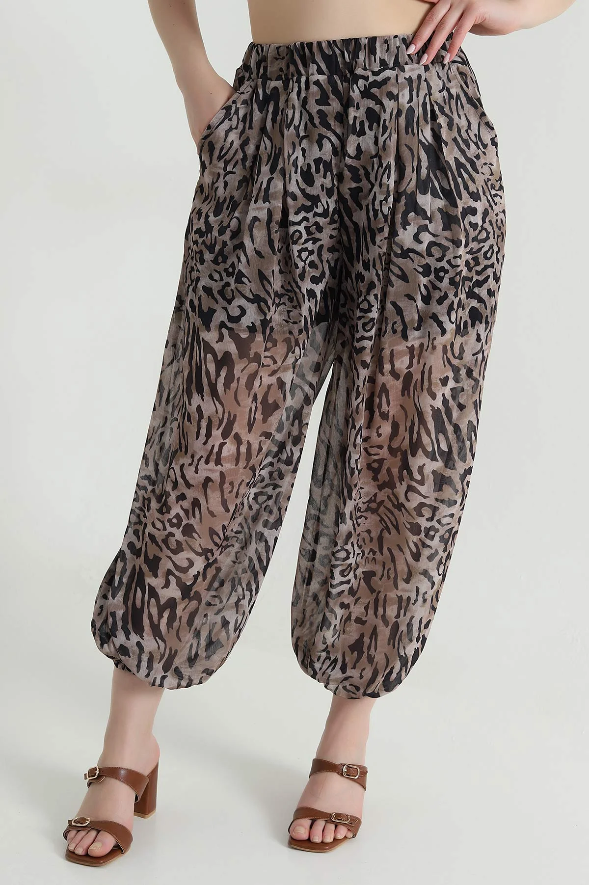 Leopar Pileli Cepli Şifon Kadın Pantolon 471154
