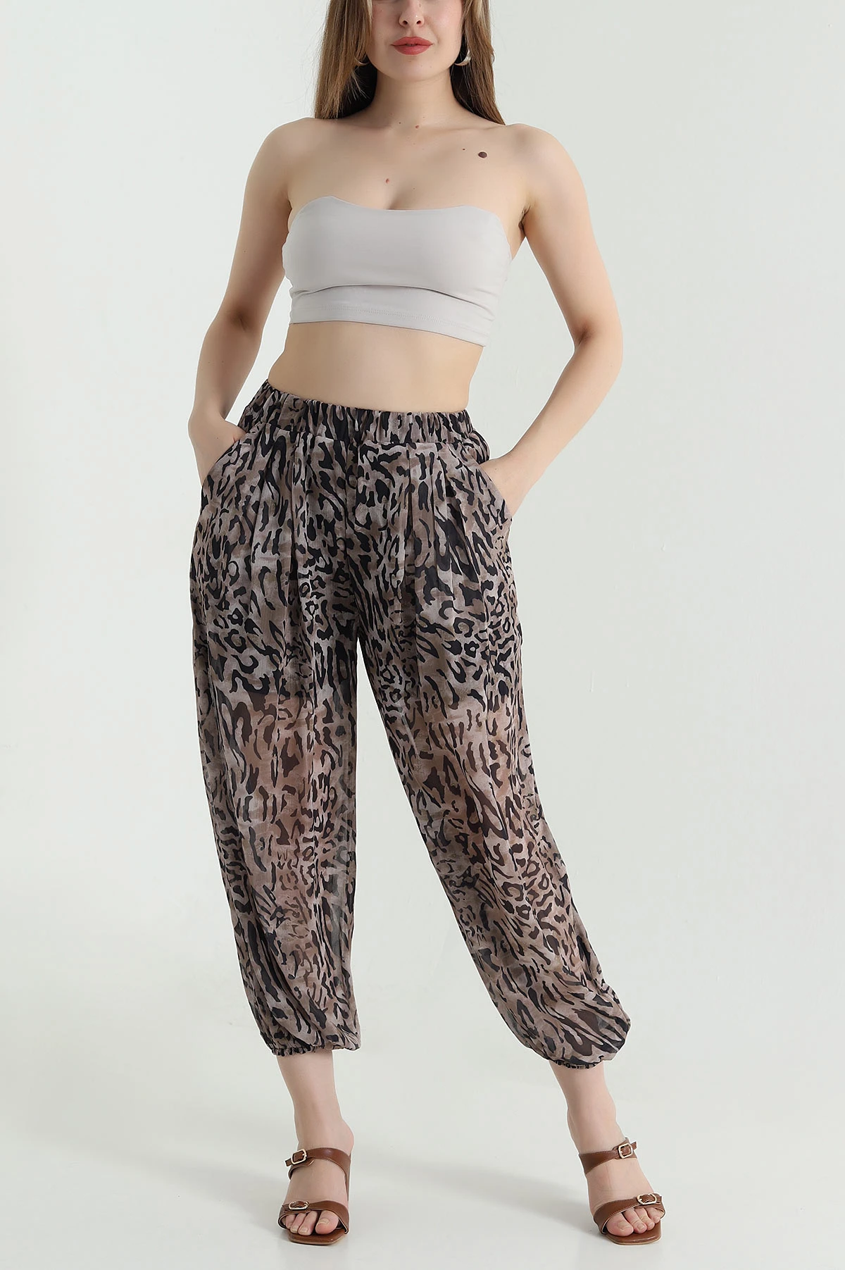 Leopar Pileli Cepli Şifon Kadın Pantolon 471154