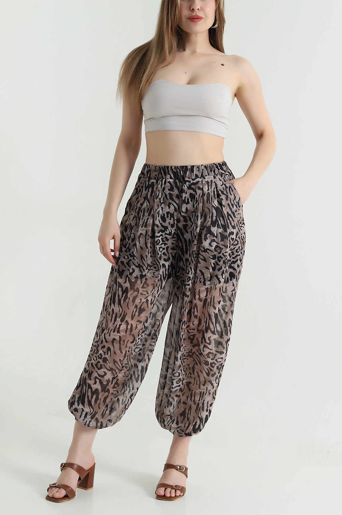 Leopar Pileli Cepli Şifon Kadın Pantolon 471154