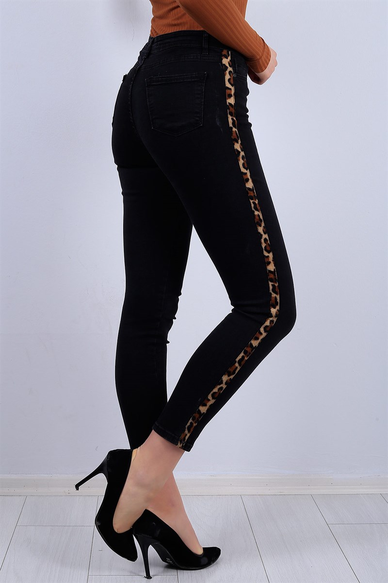 Leopar Şeritli Siyah Bayan Kot Pantolon  11656B