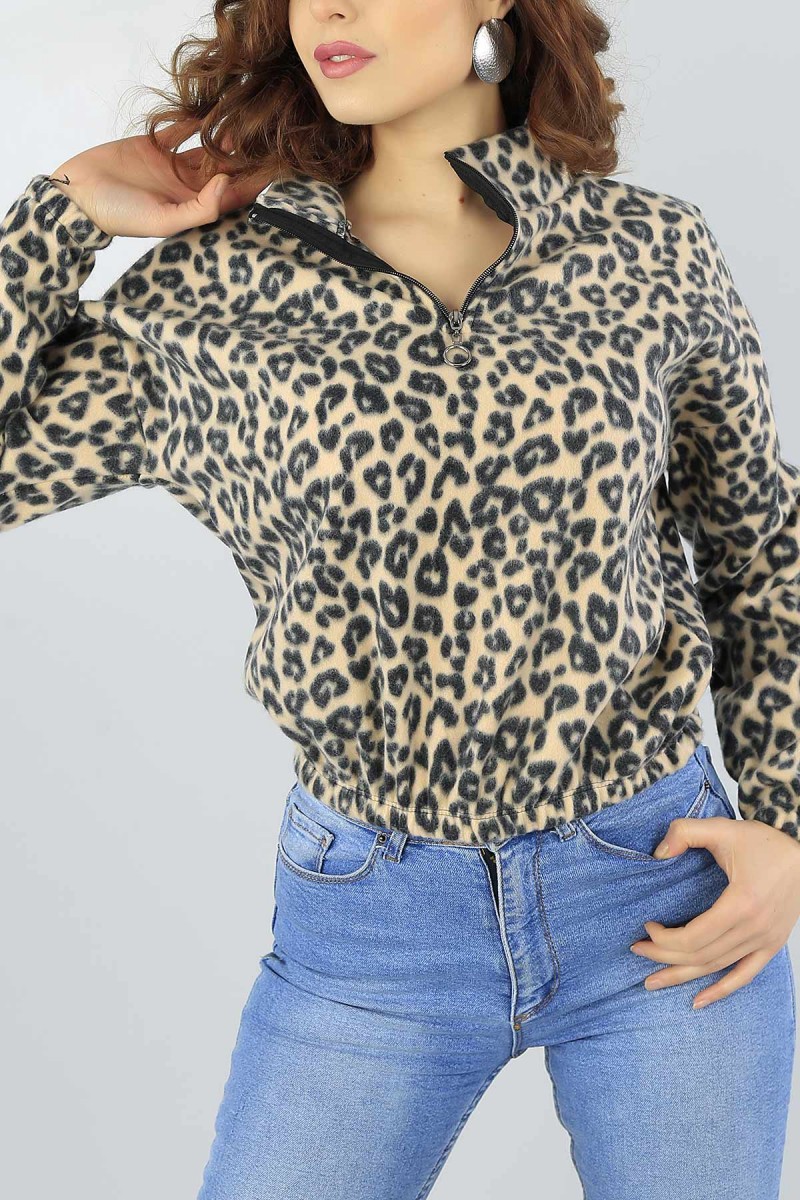 Leopar Yarım Fermuarlı Bayan Polarlı Sweat 52513